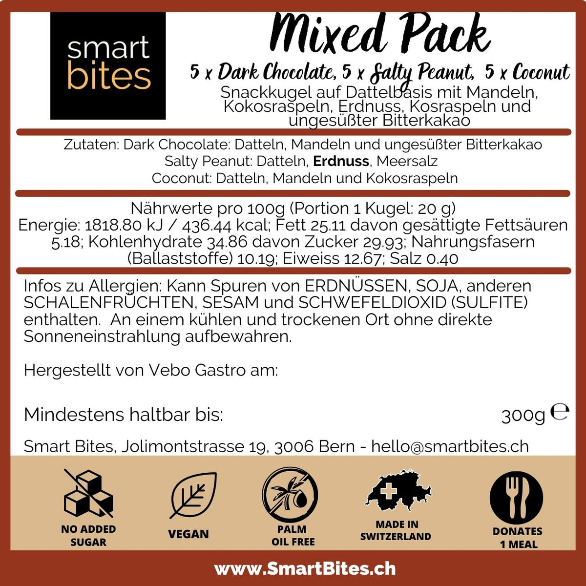 Mixed Pack Chocolate, Coconut and Peanut (15 vegane und zuckerfreie Kugeln)